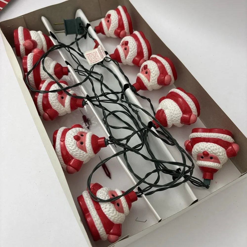 Vintage Santa Claus Blow Mold String Lights (10) In Box WORK Christmas Decor